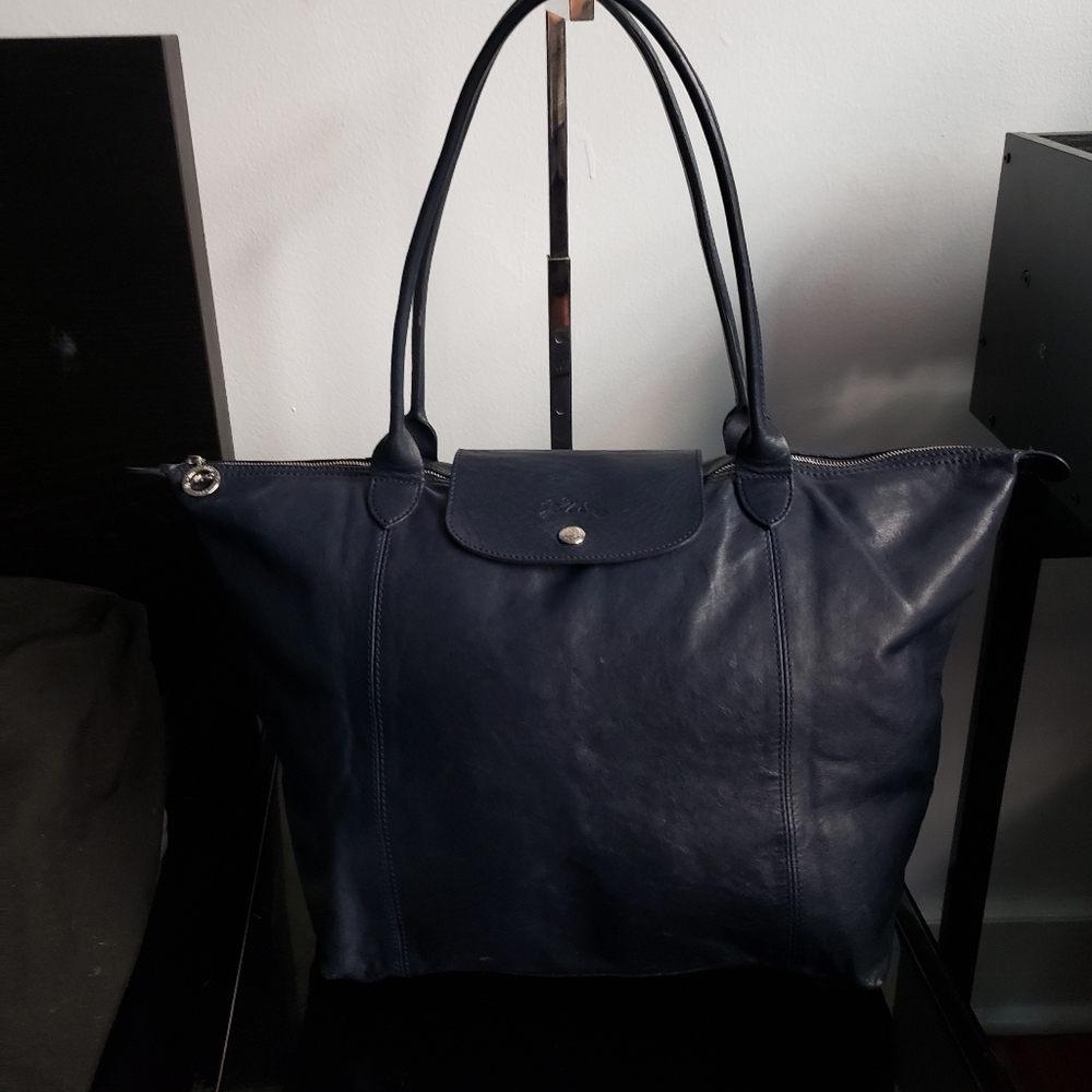 Longchamp Le Pliage Navy Blue Leather tote